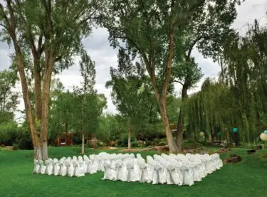 A lawn with chairs set for a wedding reception
