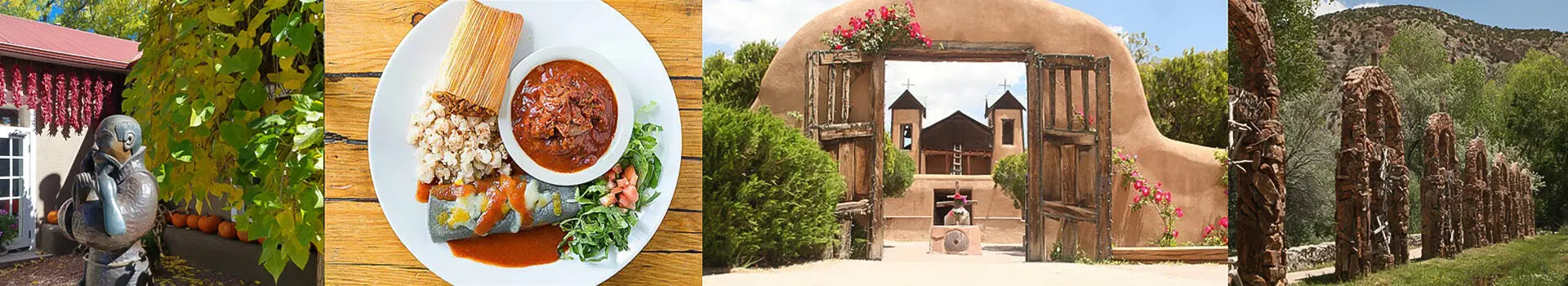 A montage of the church and restaurant and food at Chimayo
