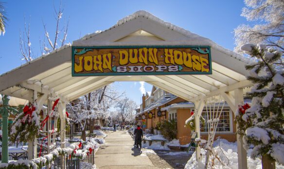 The John Dunn Shops in downtown Taos on a snowy Taos morning