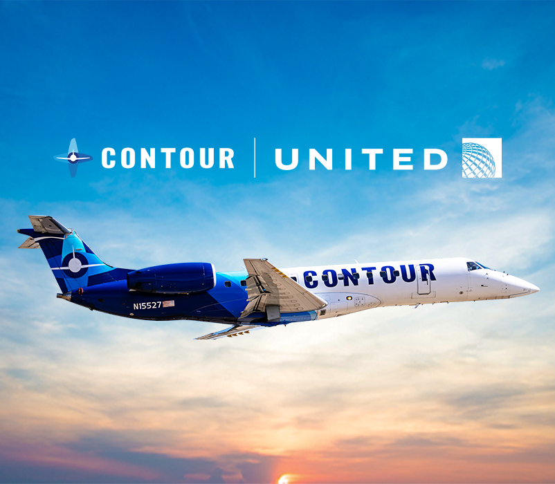 Contour Airlines jet in flight with Contour and United logos